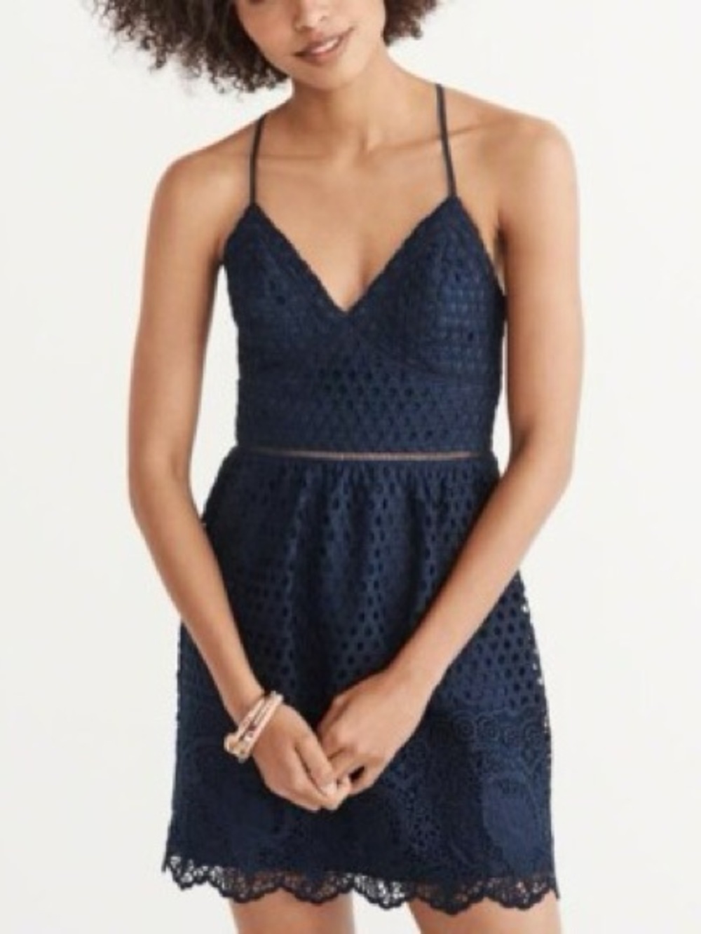 Abercrombie & Fitch Women's Blue Eyelet Lace Overlay V-Neck Mini Dress Size XS